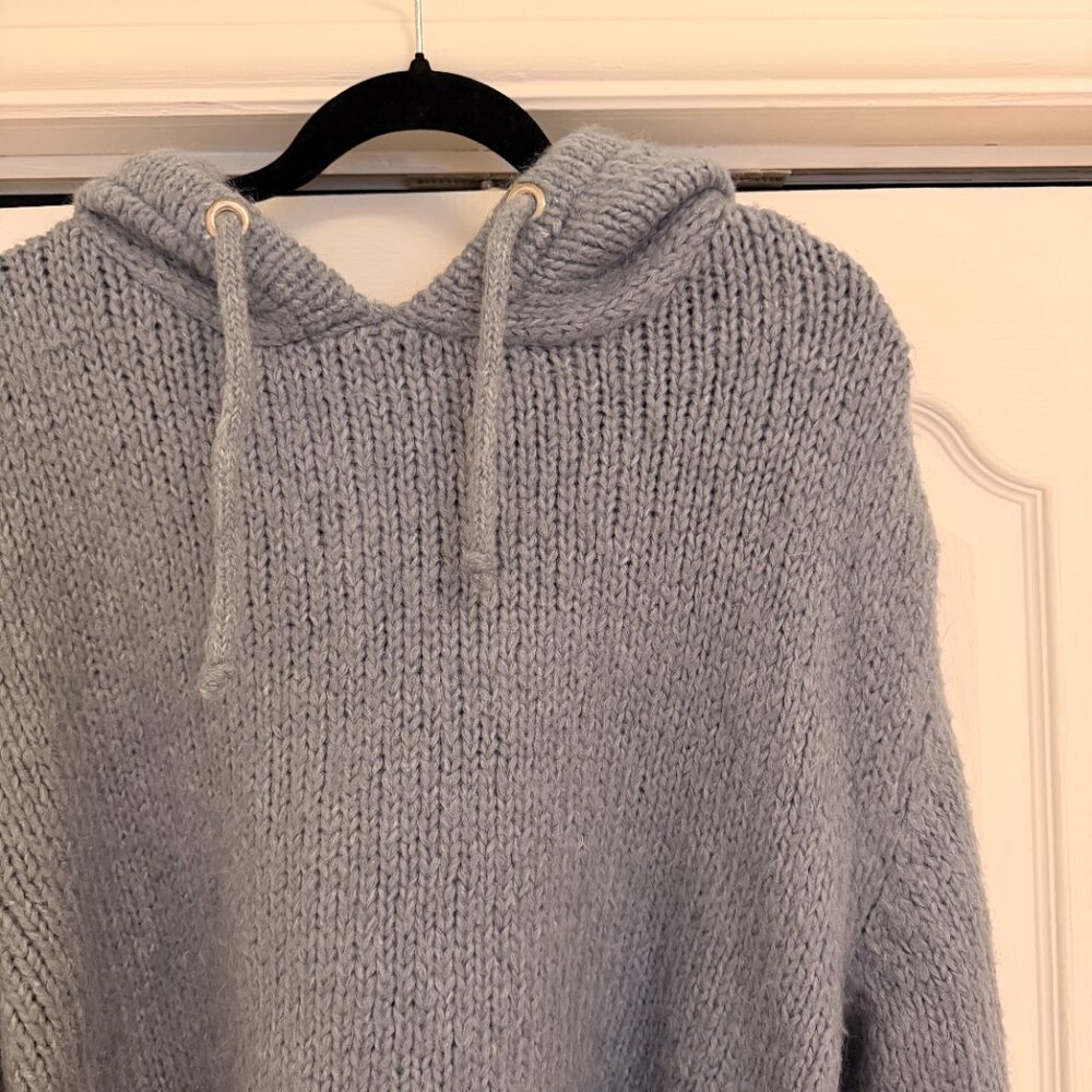 Blue Knit Hoodie with Sheer Ruffle Hem - Picture 4 of 8